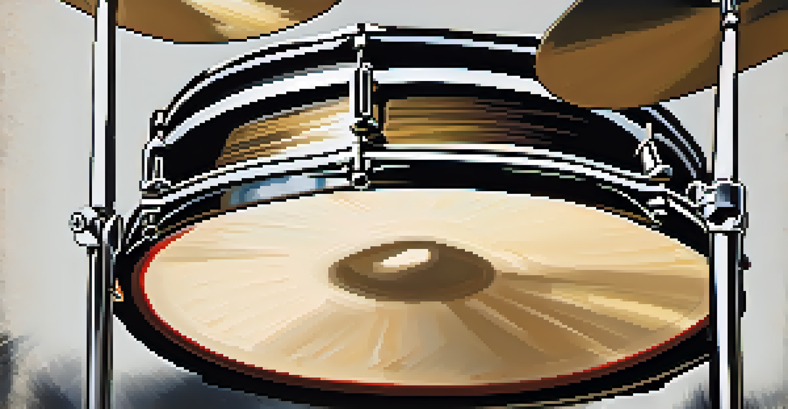 Close-up of a drum being struck, with a blurred hand and ripples on the drumhead highlighted by dramatic lighting.