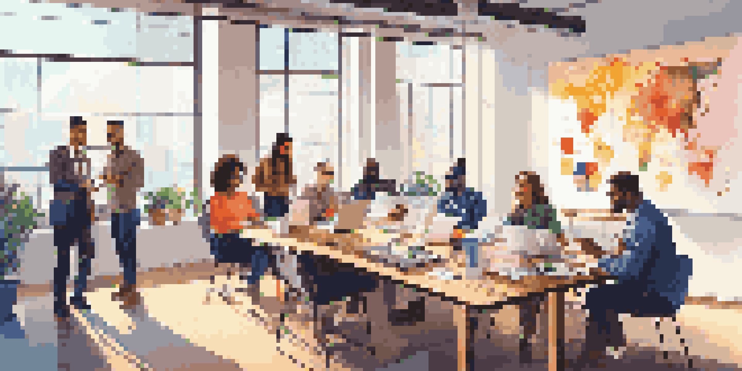 A diverse group of people in a modern office discussing music marketing strategies with colorful charts and graphs on screens.