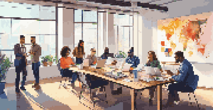 A diverse group of people in a modern office discussing music marketing strategies with colorful charts and graphs on screens.