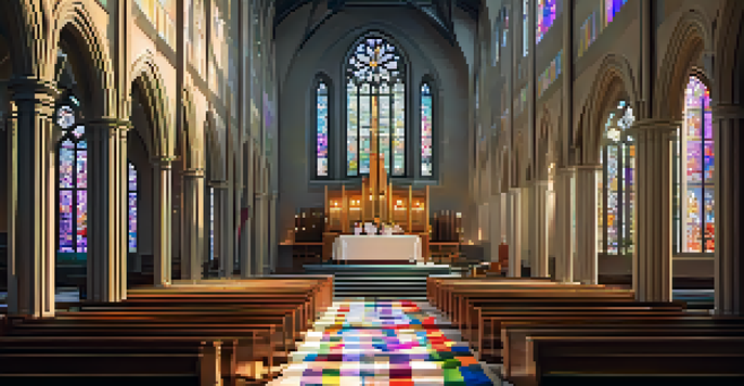 A choir performing in a church with stained glass windows, sunlight illuminating singers in robes.