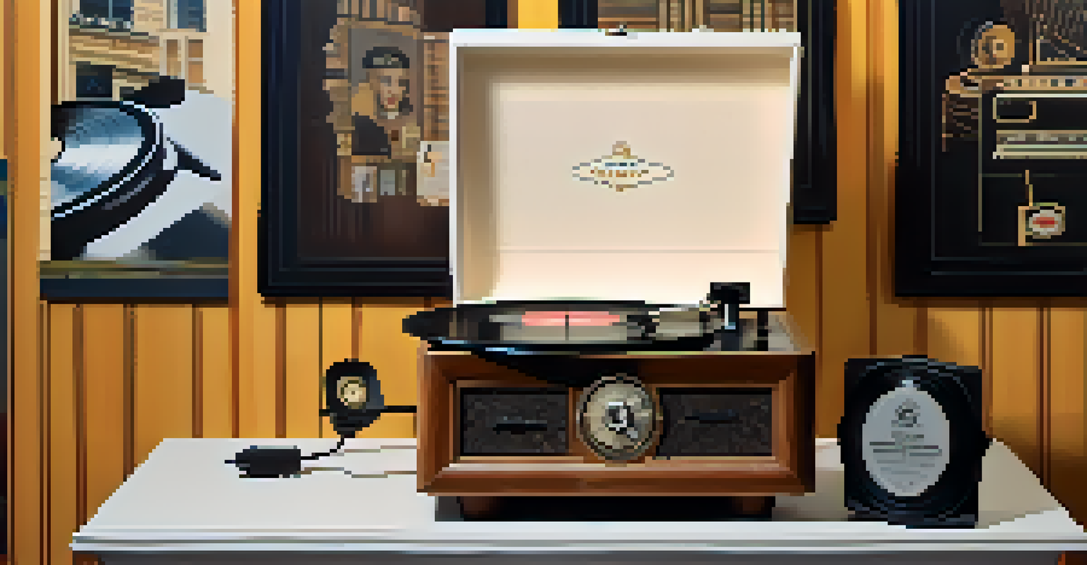 A vintage record player spinning a vinyl record, surrounded by historical political posters, illuminated by a warm lamp.
