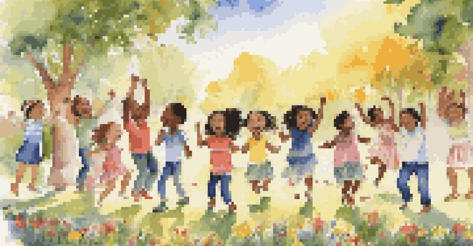 A diverse group of children singing and dancing together in a sunny park, celebrating friendship through music.
