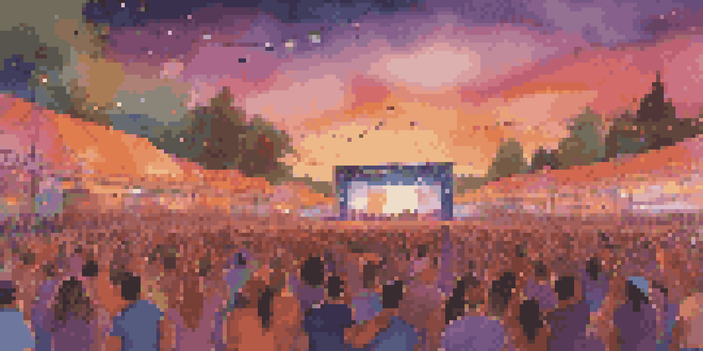 A lively music festival during sunset with a crowd enjoying a live performance and colorful lights on stage.