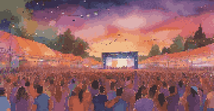 A lively music festival during sunset with a crowd enjoying a live performance and colorful lights on stage.