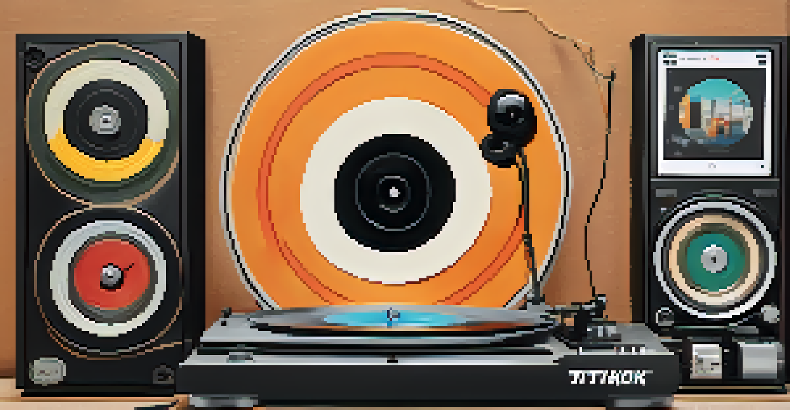 A vinyl record on a turntable surrounded by modern music elements like headphones and a smartphone showing TikTok, blending vintage and contemporary styles.
