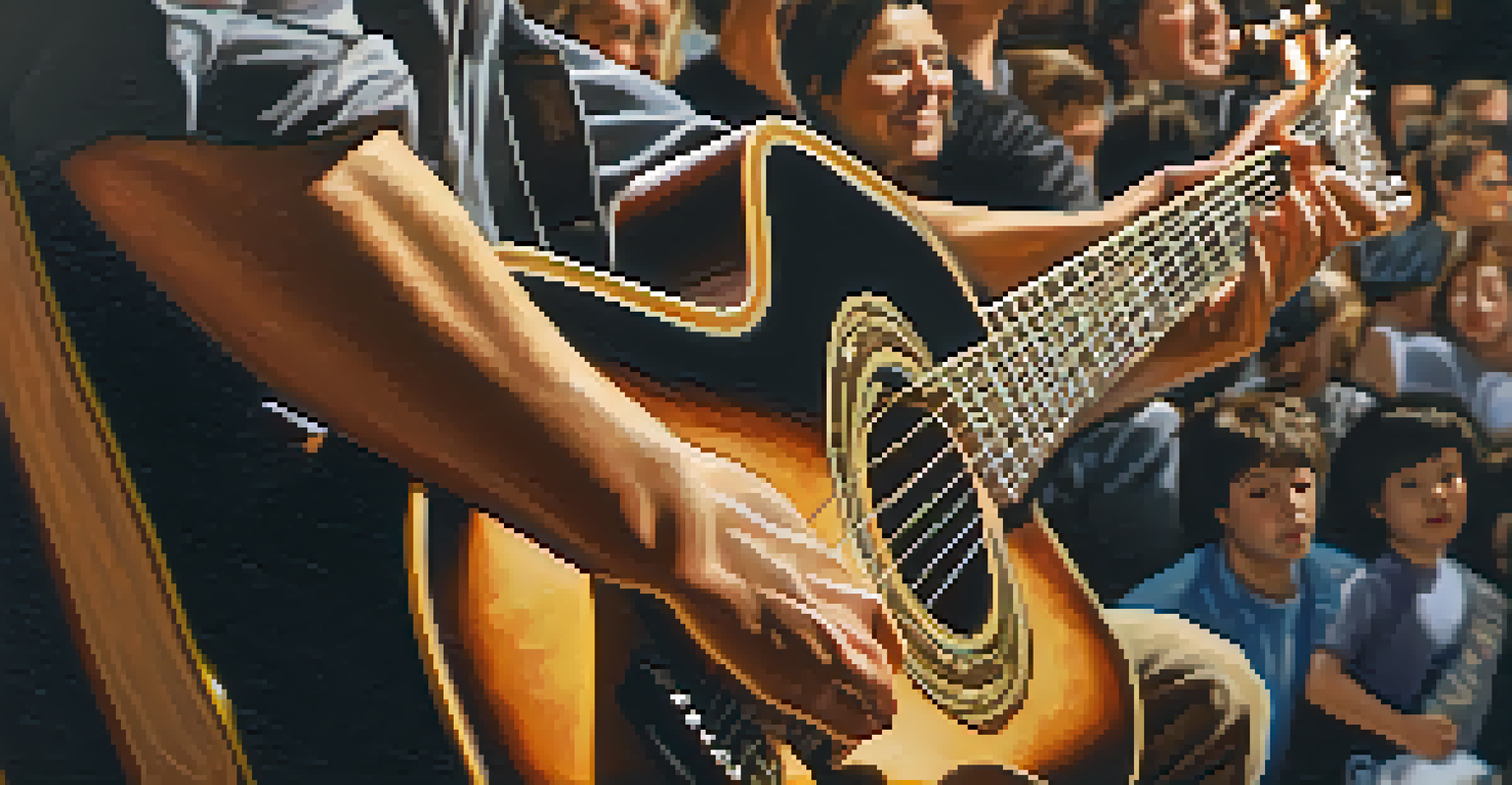 A musician's hands playing a guitar with a supportive crowd blurred in the background.