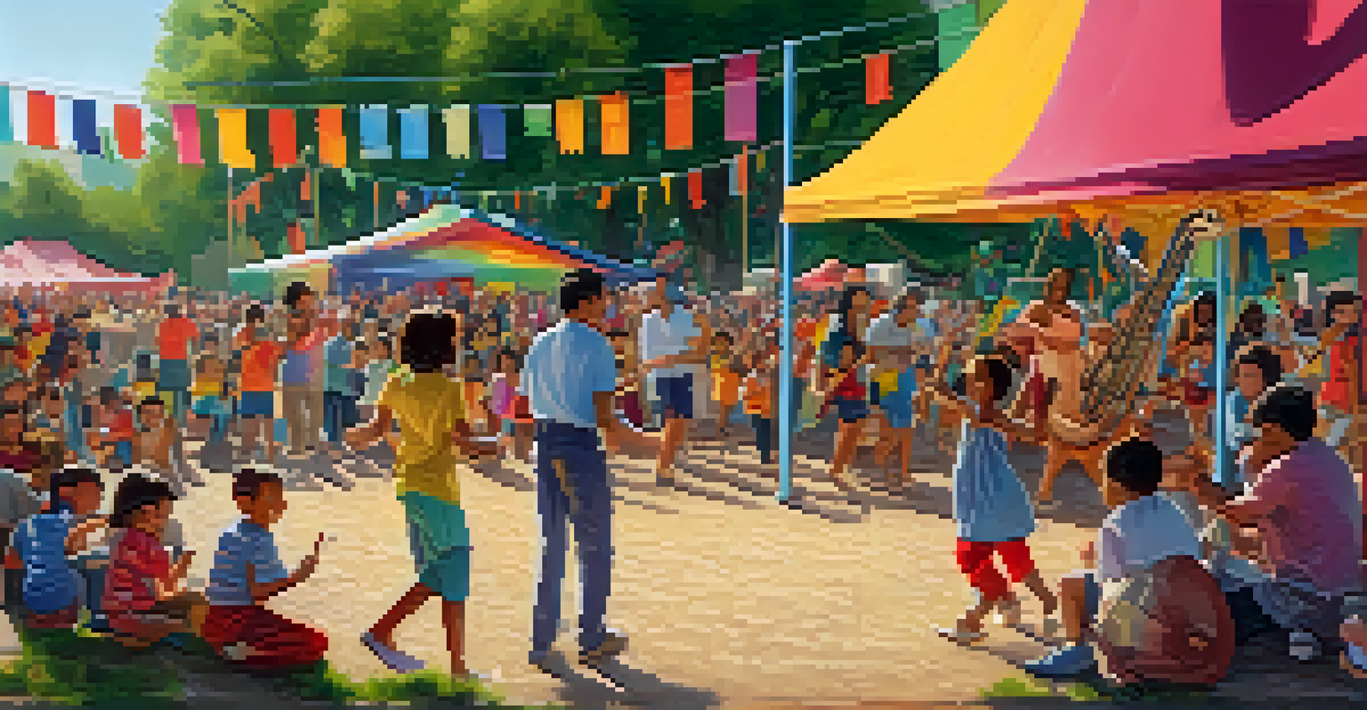 A community music festival with families celebrating, children dancing and playing instruments, and colorful banners in a lively park setting.