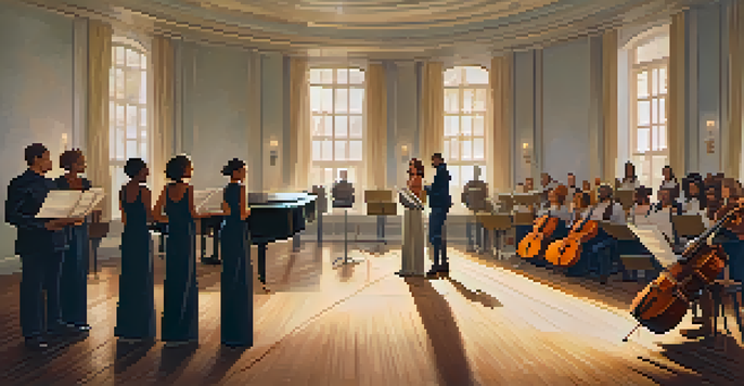 A diverse group of singers in a choir rehearsal, standing in a semi-circle, with sheet music in hand, illuminated by soft natural light.