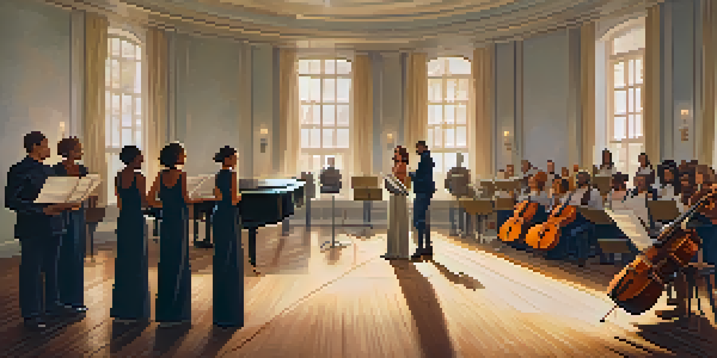 A diverse group of singers in a choir rehearsal, standing in a semi-circle, with sheet music in hand, illuminated by soft natural light.