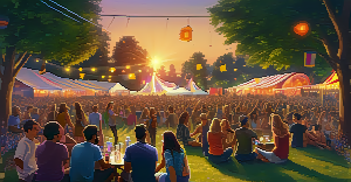 A lively outdoor music festival with a diverse crowd enjoying the performances during sunset, featuring colorful lights and happy attendees.