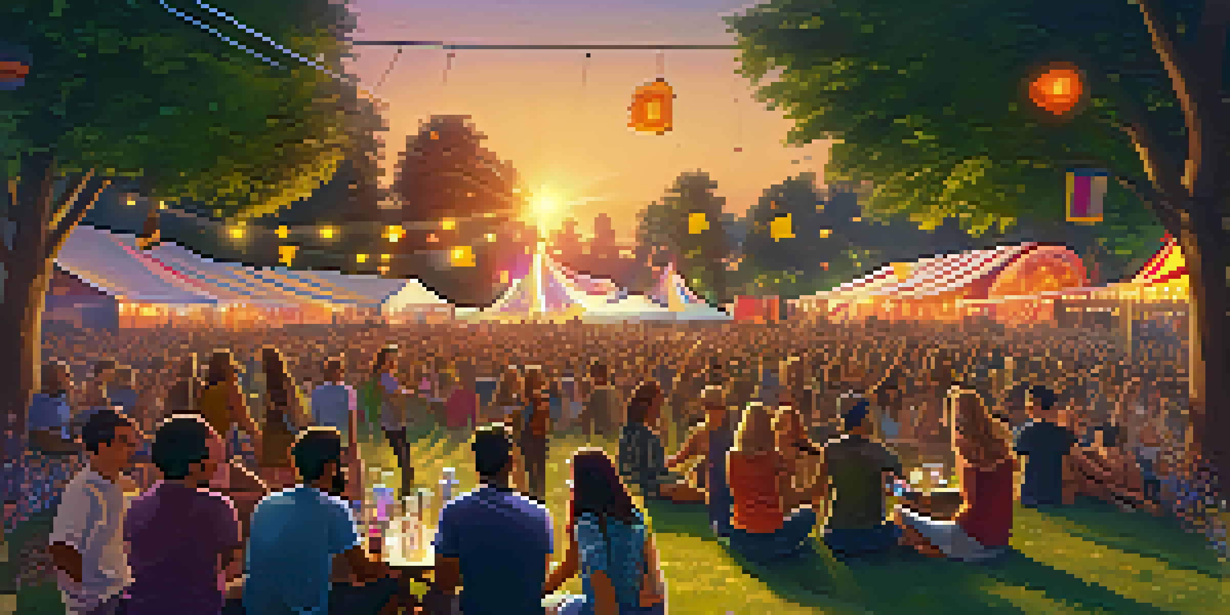 A lively outdoor music festival with a diverse crowd enjoying the performances during sunset, featuring colorful lights and happy attendees.