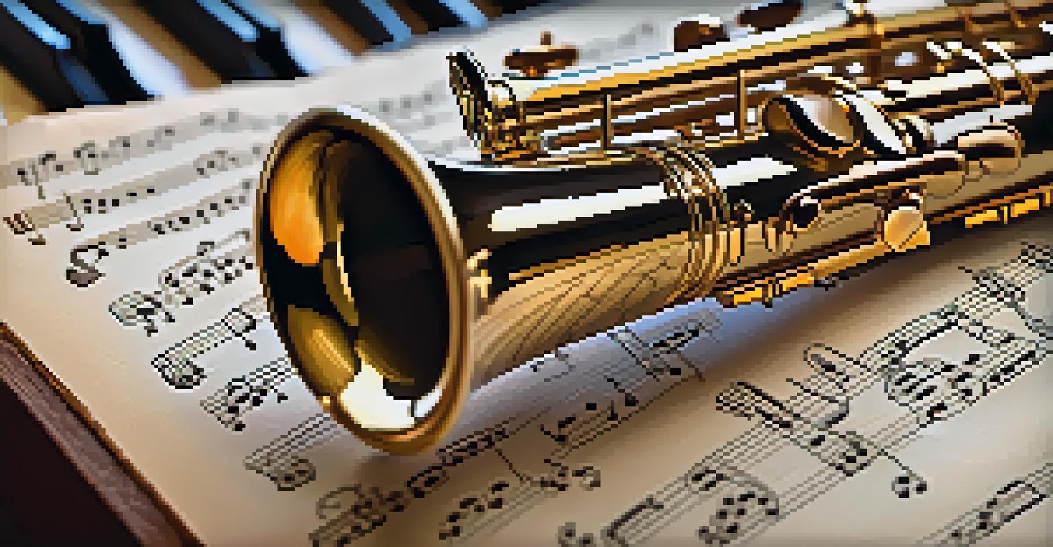 Close-up of a woodwind instrument with detailed keys and polished wood, softly lit with a blurred background of sheet music.
