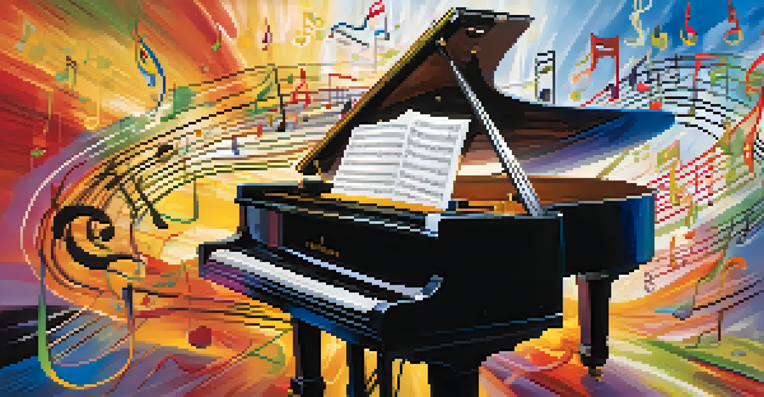 An artistic representation of a music score with vibrant notes and symbols swirling around a grand piano, depicting the creativity of music notation.