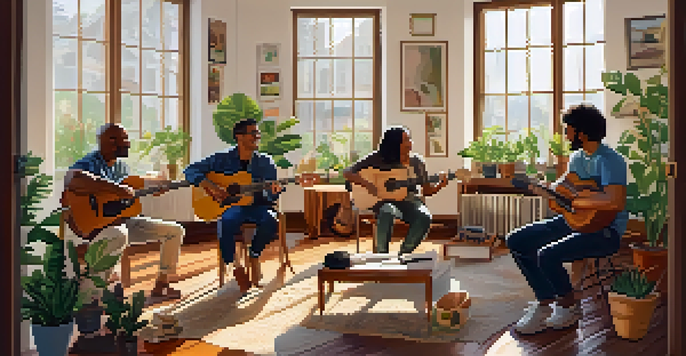 A diverse group of individuals joyfully participating in a music therapy session, surrounded by instruments and soft natural light.
