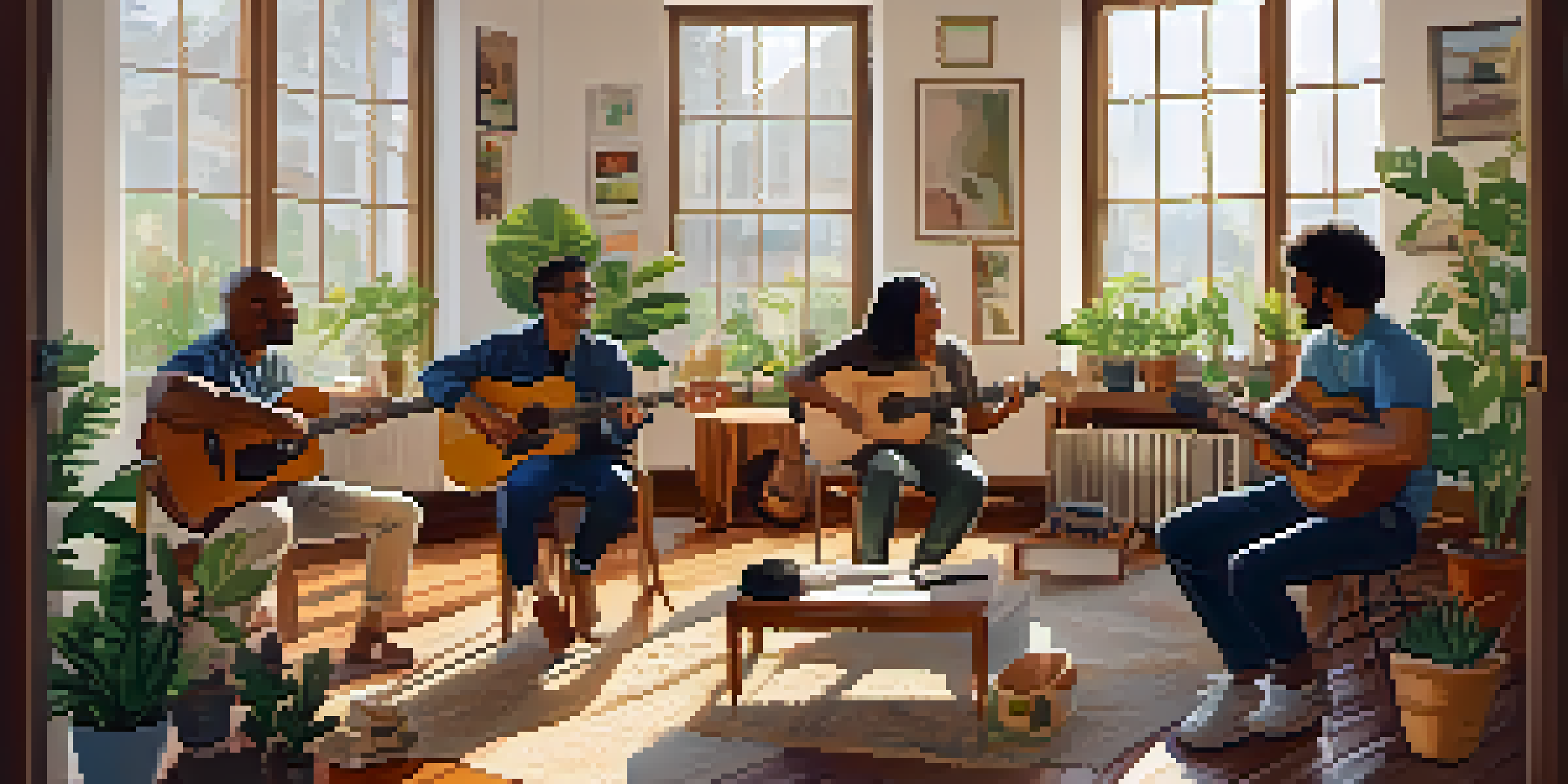 A diverse group of individuals joyfully participating in a music therapy session, surrounded by instruments and soft natural light.