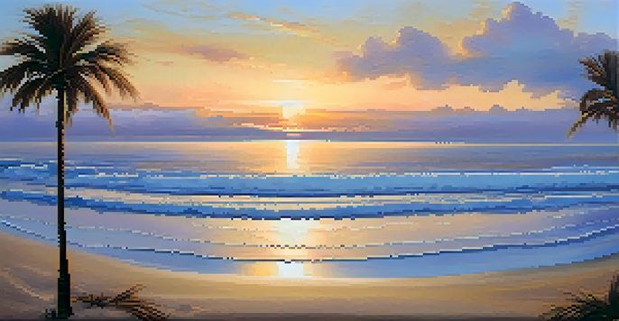 A tranquil beach scene at sunset with golden ocean waves and silhouetted palm trees.