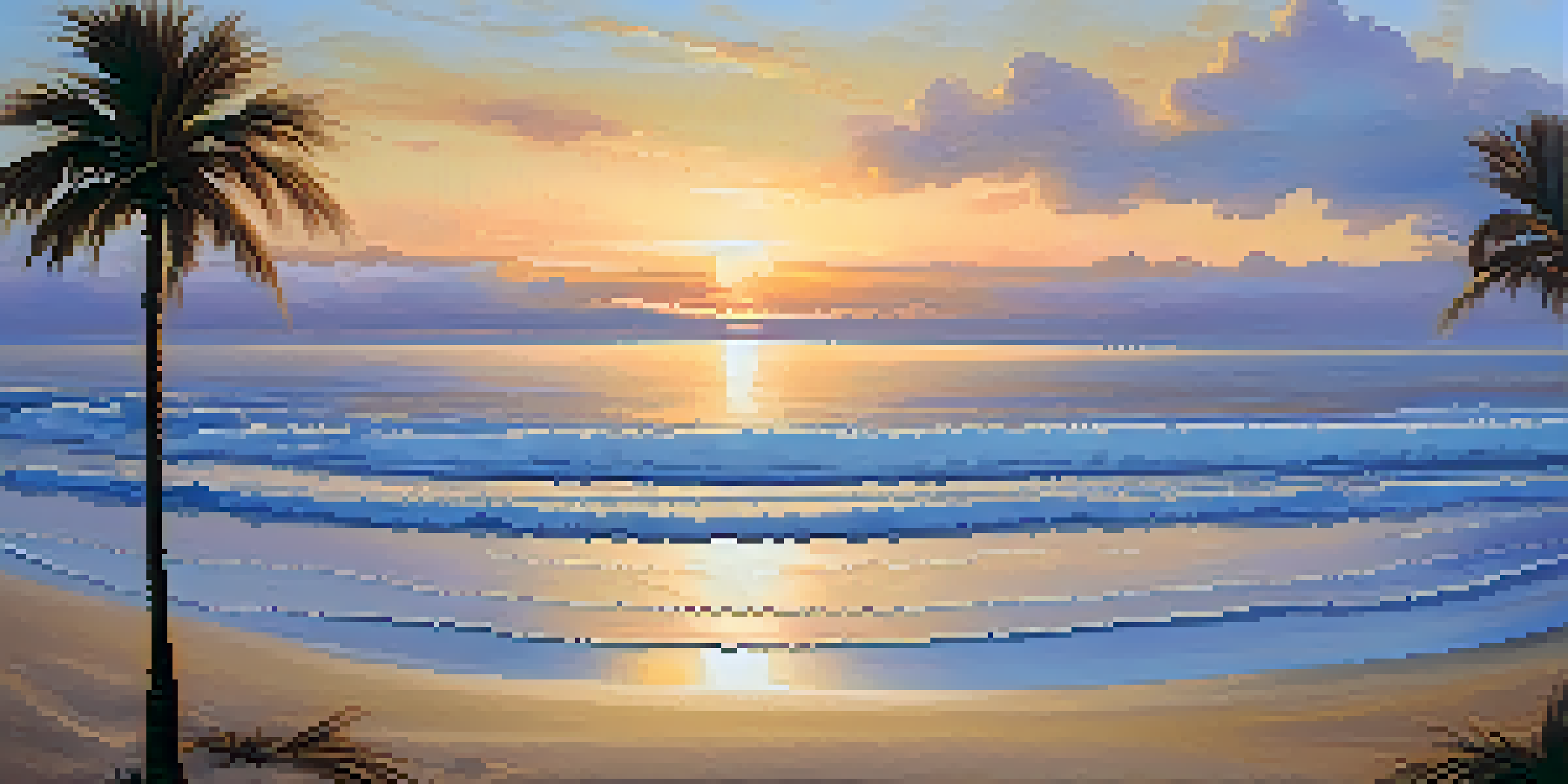 A tranquil beach scene at sunset with golden ocean waves and silhouetted palm trees.