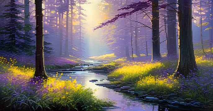 A tranquil forest at dawn with soft sunlight filtering through trees and a calm stream surrounded by wildflowers.
