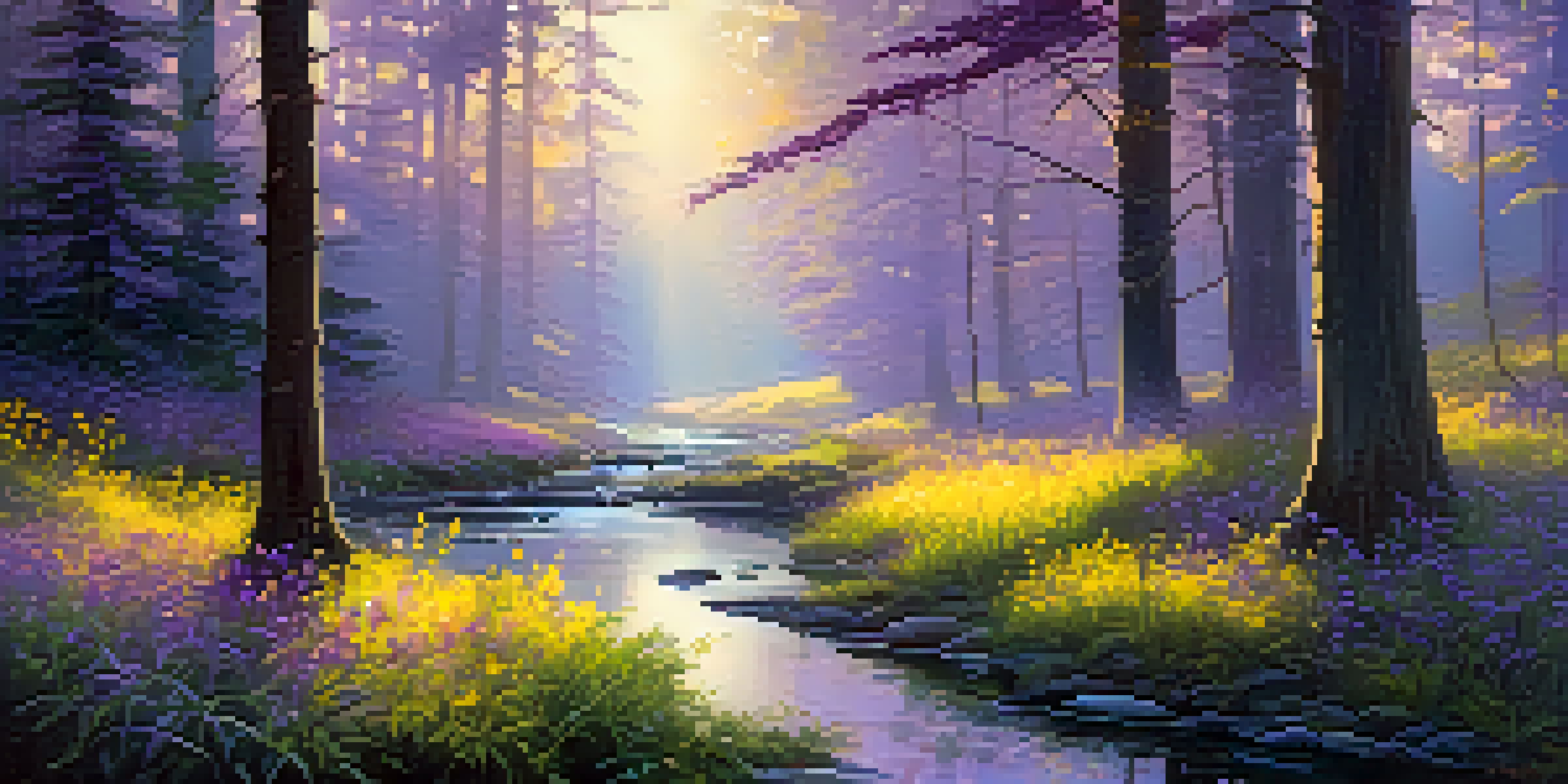 A tranquil forest at dawn with soft sunlight filtering through trees and a calm stream surrounded by wildflowers.