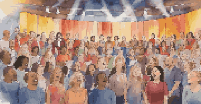 A lively choir rehearsal with diverse singers passionately singing together, guided by a choir director under warm stage lights.