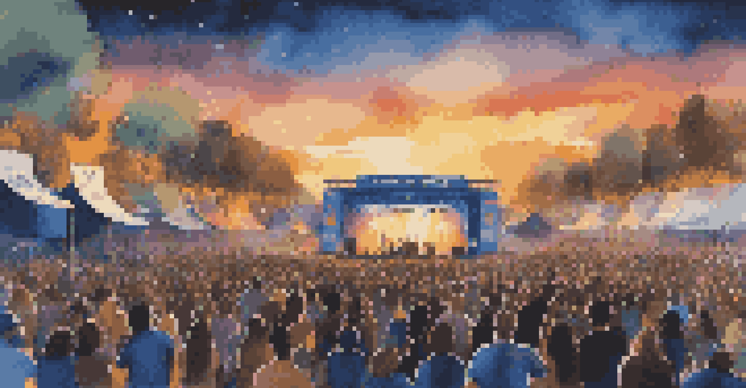 An outdoor music festival with a diverse crowd, colorful stage lights, and a sunset sky creating a lively atmosphere.