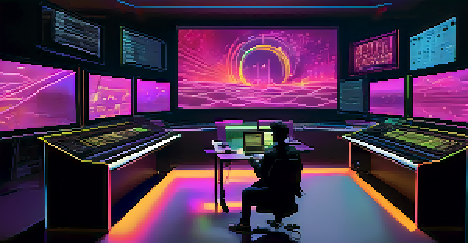 A composer in a futuristic scoring environment using advanced technology and software to create music, with neon accents and large screens displaying sound waves.