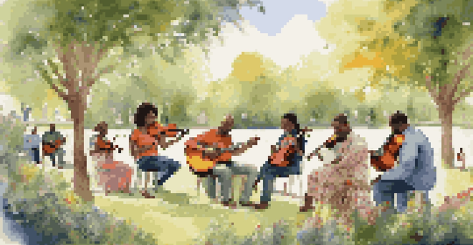 A diverse group of people playing music together in a park, surrounded by greenery and flowers, conveying joy and connection.