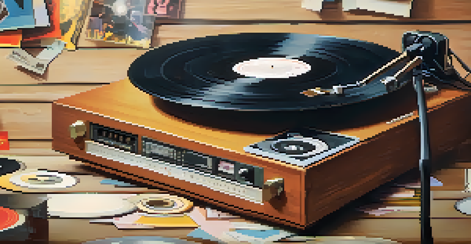 A nostalgic scene featuring vinyl records of iconic R&B and rock artists stacked on a wooden table, accompanied by a vintage record player and musical notes.