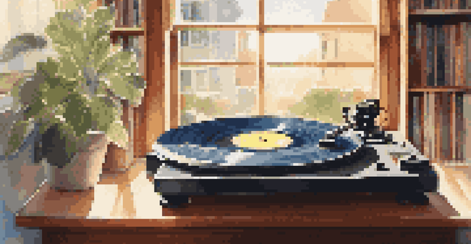 A vinyl record spinning on a turntable with sunlight streaming through a window.