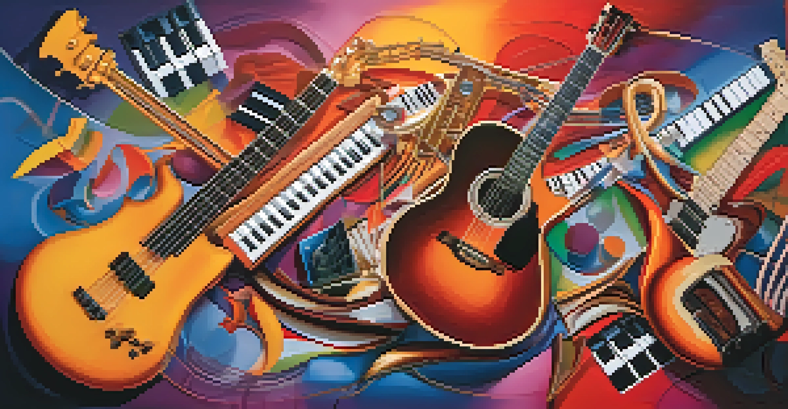 An abstract illustration showing different musical instruments and sound waves merging together in vibrant colors.