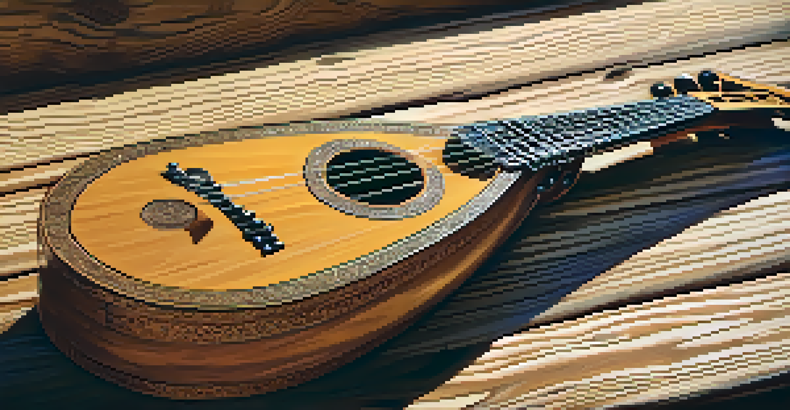 A close-up view of a hand-carved wooden lute on a rustic table, with sunlight illuminating its intricate design and texture.