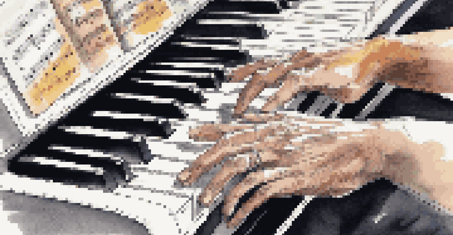 Close-up of a musician's hands playing a piano, with notes and sketches beside them.
