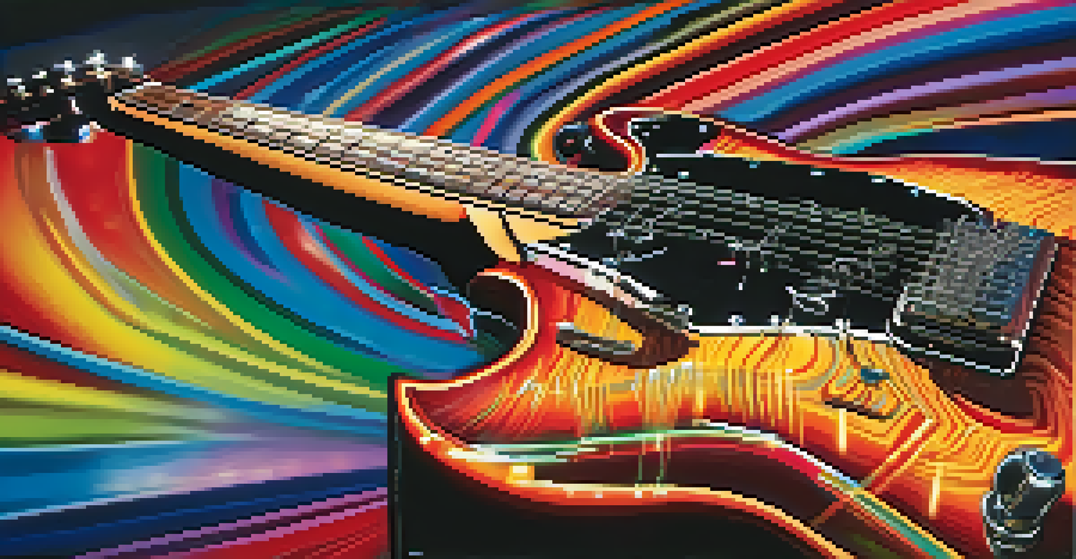 Close-up of an electric guitar with colorful abstract lights and sound waves in the background.