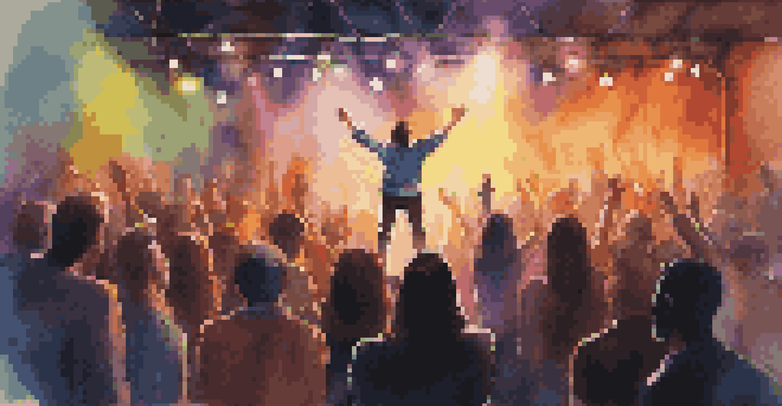 An artist performing on stage during an open mic night with an enthusiastic audience and colorful stage lights.