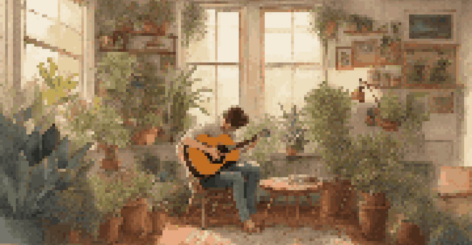An intimate music video scene with a singer in a cozy room, surrounded by plants and warm light.
