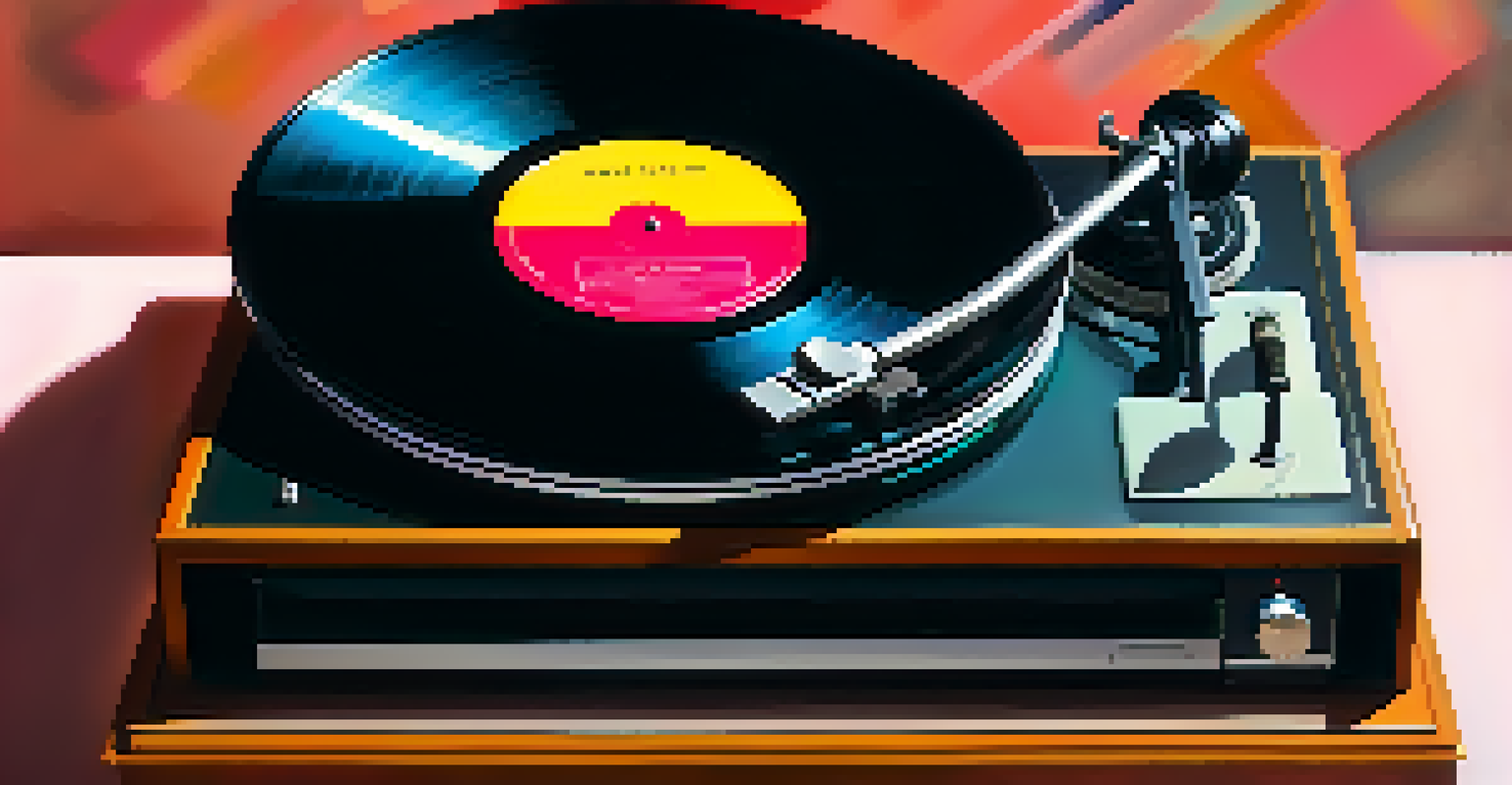 A close-up of a vinyl record player with a spinning record, surrounded by colorful vinyl records in a softly lit room.