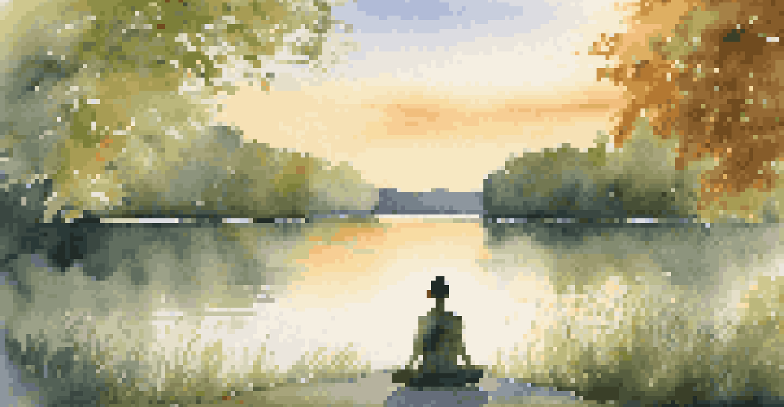 A person meditating by a calm lake at sunset, surrounded by greenery, representing mindfulness and nature's tranquility.