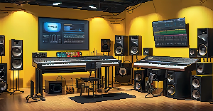 A colorful music studio equipped with different musical instruments and a digital screen showcasing blockchain technology graphics.