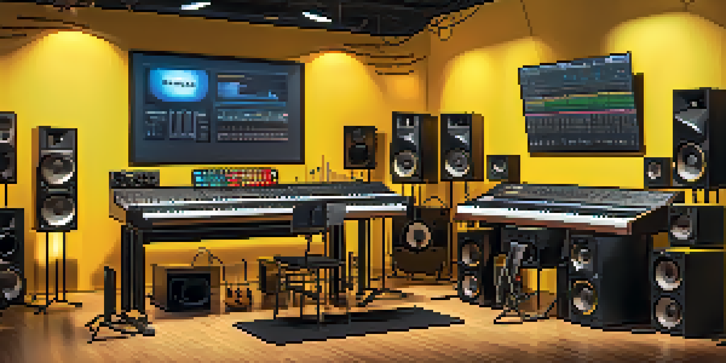 A colorful music studio equipped with different musical instruments and a digital screen showcasing blockchain technology graphics.
