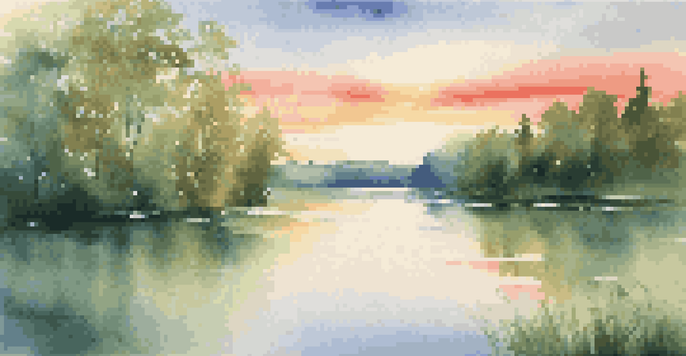 A peaceful lake scene with green forests and a colorful sunset reflected on the water.