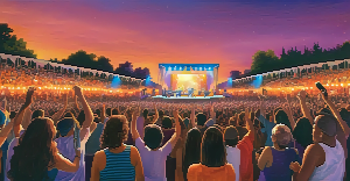 A lively outdoor concert at sunset with a diverse crowd singing along to the band on stage under colorful lights.