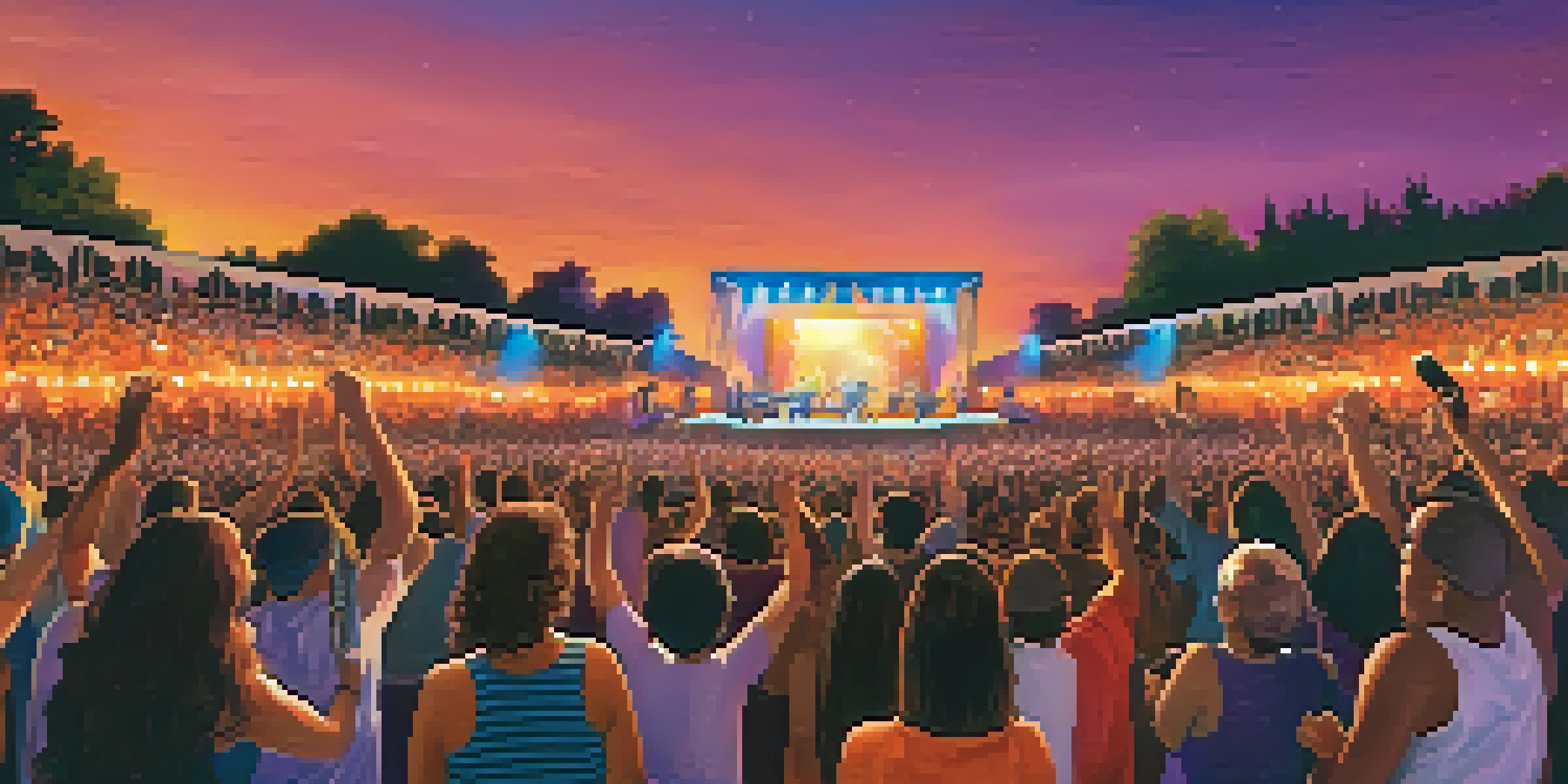 A lively outdoor concert at sunset with a diverse crowd singing along to the band on stage under colorful lights.