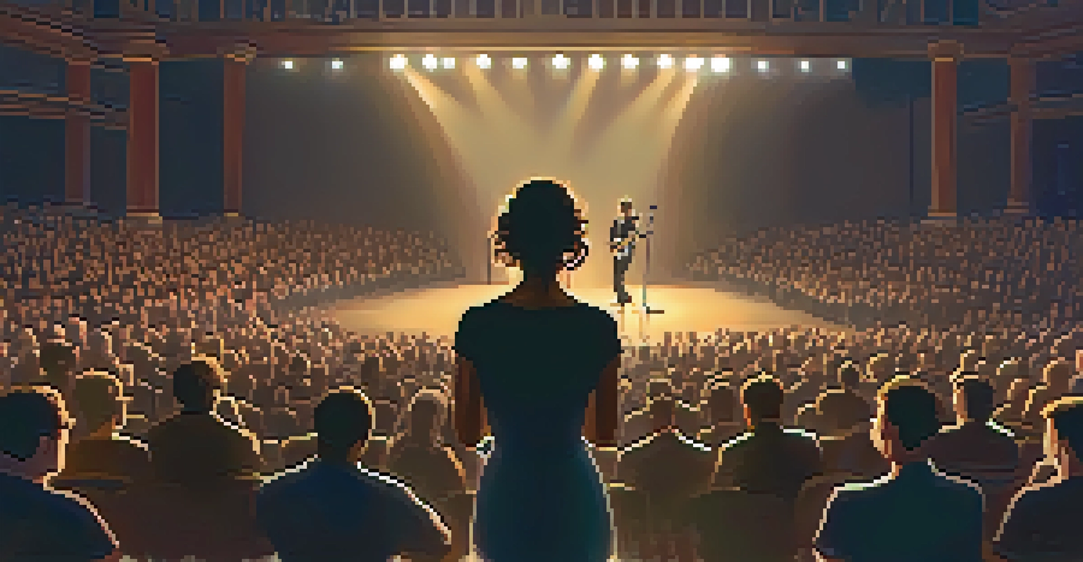 A solo singer performing on stage in a dimly lit venue, with an engaged audience immersed in the music.