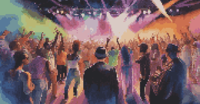 A lively concert with musicians in stylish outfits and an engaged audience, highlighting the connection between music and fashion.