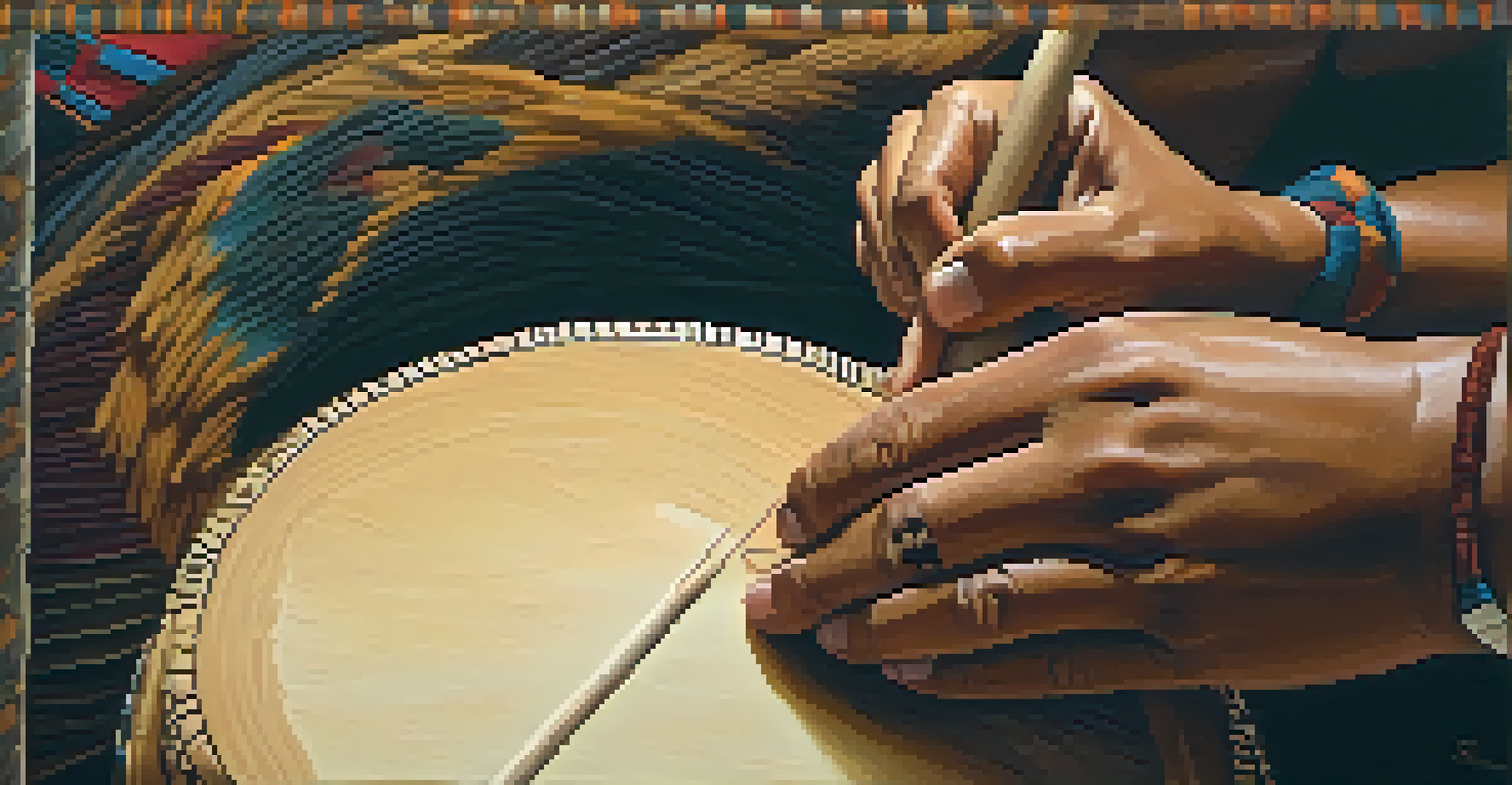 A close-up of a Native American artisan crafting a traditional drum, with intricate designs and textured materials.