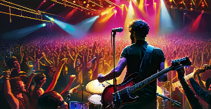 A lively concert scene featuring an alternative rock band on stage, with bright lights and an enthusiastic audience.