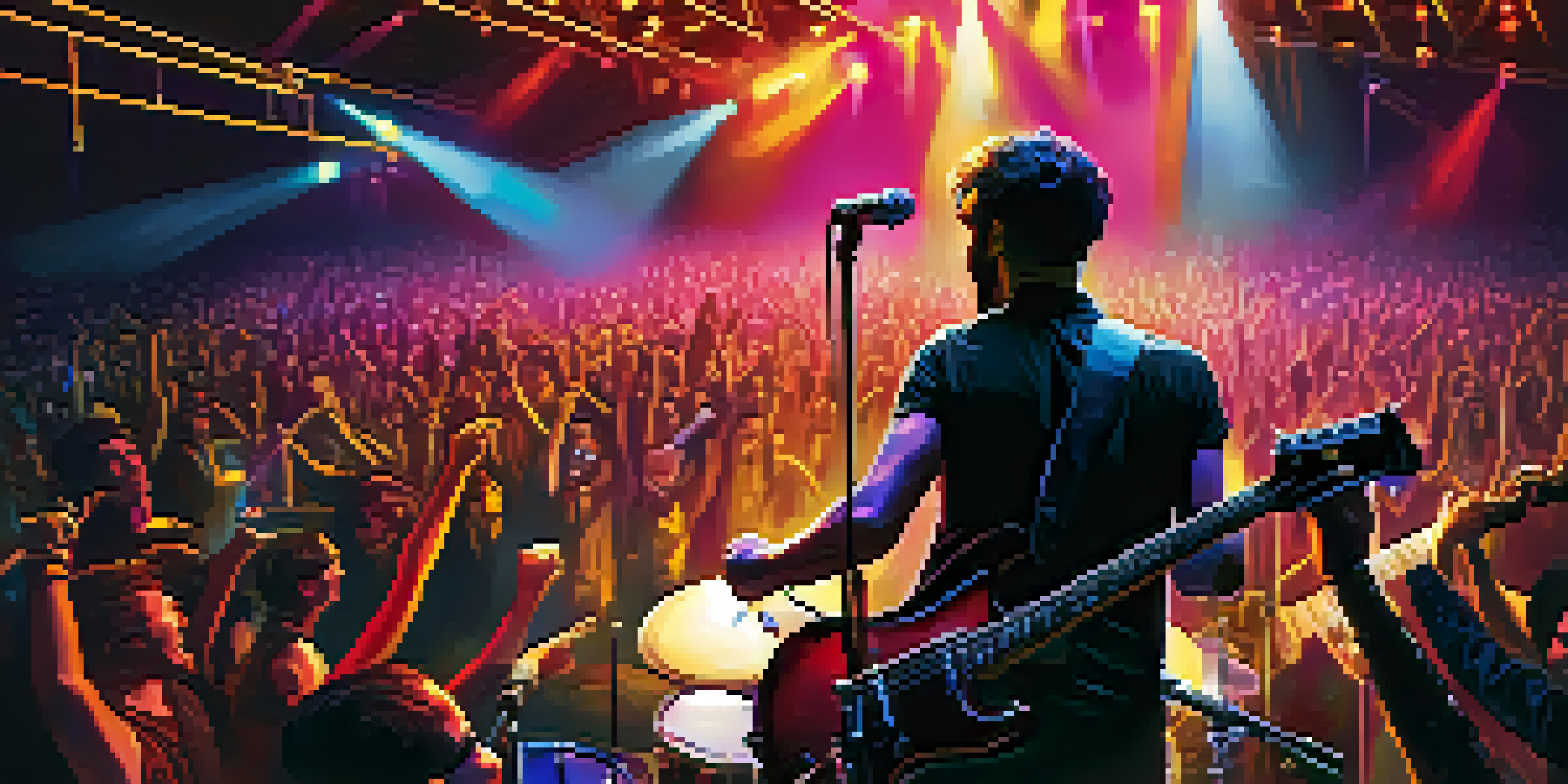 A lively concert scene featuring an alternative rock band on stage, with bright lights and an enthusiastic audience.
