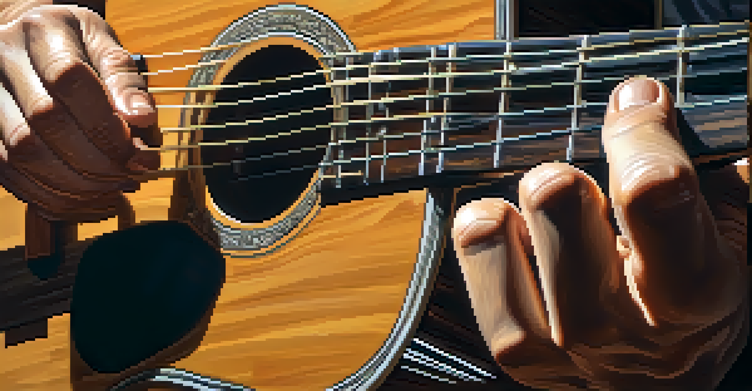 A close-up of a musician's hands playing an acoustic guitar with sunlight illuminating the scene.