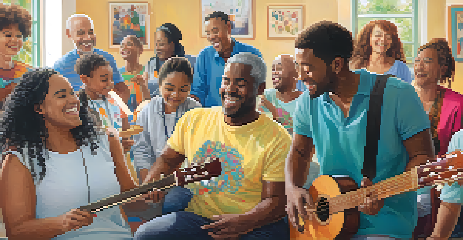 A diverse group of people enjoying a music therapy session in a colorful room, playing instruments and singing together.