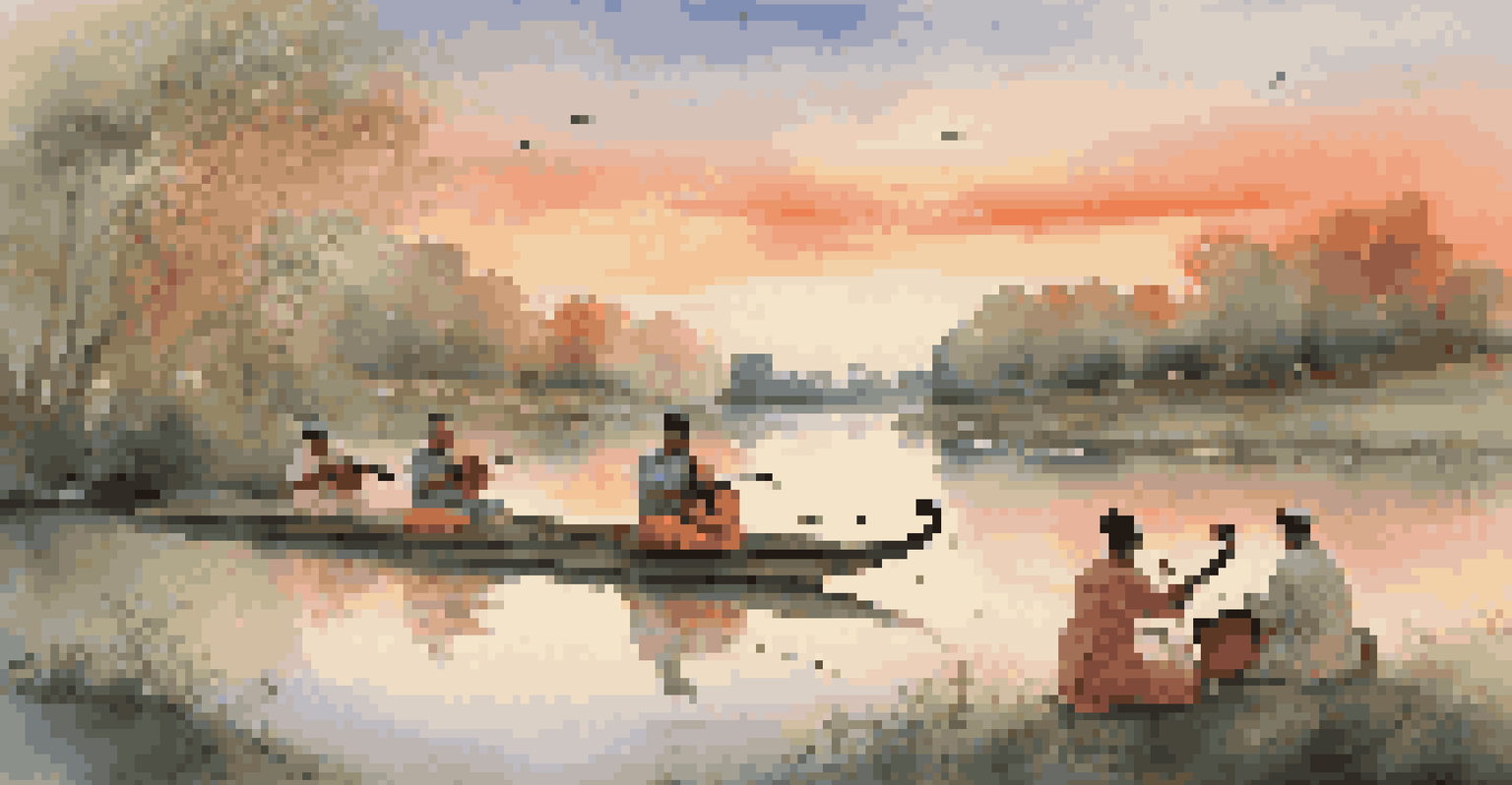 A peaceful scene of musicians playing traditional instruments by a river at sunset, with vibrant colors in the sky and lush greenery around them.